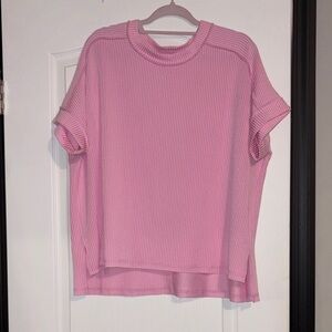 Zenana Outfitters Pink Ribbed Short Sleeve Top